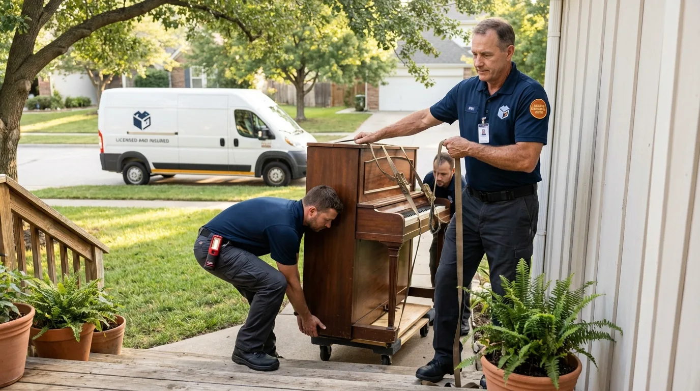 Licensed piano movers securing grand piano in Stanton, MI