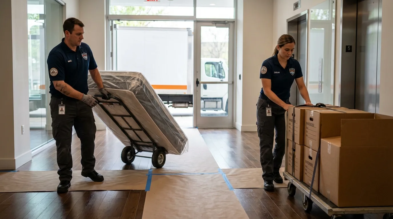 Professional apartment movers loading elevator in Stanton, MI